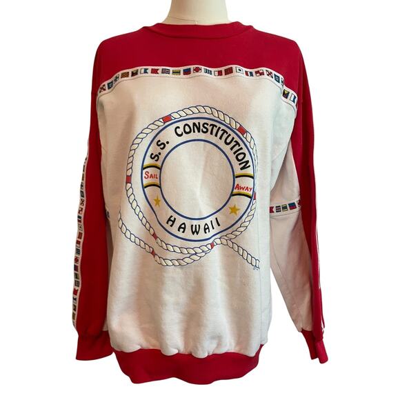 Vintage 80s Hawaiian Sweatshirt Womens M Constitution Nautical Flags USA - Picture 1 of 9